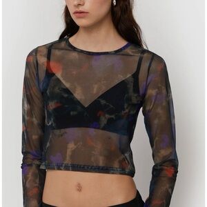 OAK + FORT Sheer Long-Sleeve Mesh Crop Top in Black with Purple & Orange Accents